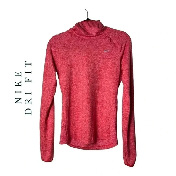 1303. NIKE RUN DRI FIT LONG SLEEVE TOP WITH‎ HOOD AND MOCK NECKLINE BRIGHT CORAL - Picture 1 of 9